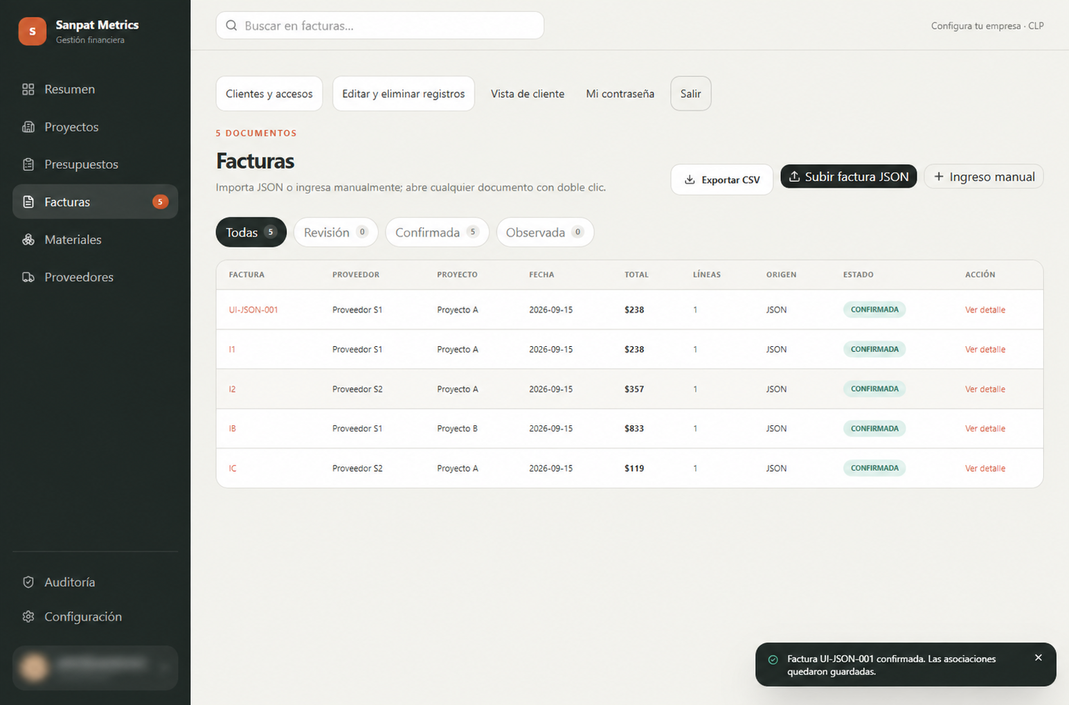 Captura de Sanpat Metrics: proyectos, presupuestos, facturas, materiales y proveedores, con datos de demostración e información de cuenta difuminada